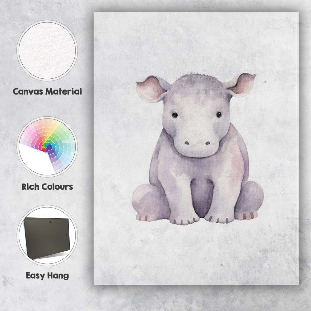 Cute Baby Hippopotamus Watercolour Safari Animal Illustration Canvas Wall Art Print Decor Picture Ready to Hang