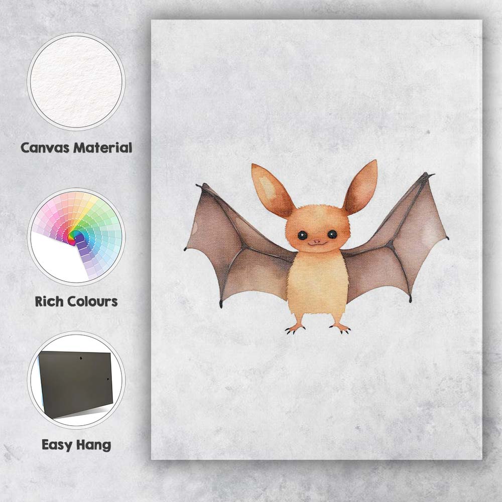 Cute Baby Bat Watercolour Woodland Animal Illustration Canvas Wall Art Print Decor Picture Ready to Hang