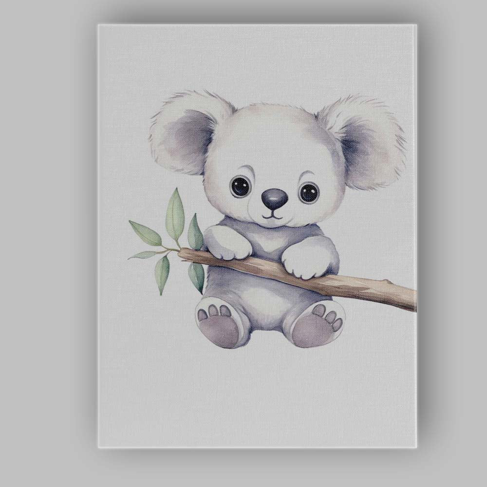 Cute Baby Koala Sitting on Eucalyptus Branch Watercolour Nursery Animal Illustration Canvas Wall Art Print Decor Picture Ready to Hang