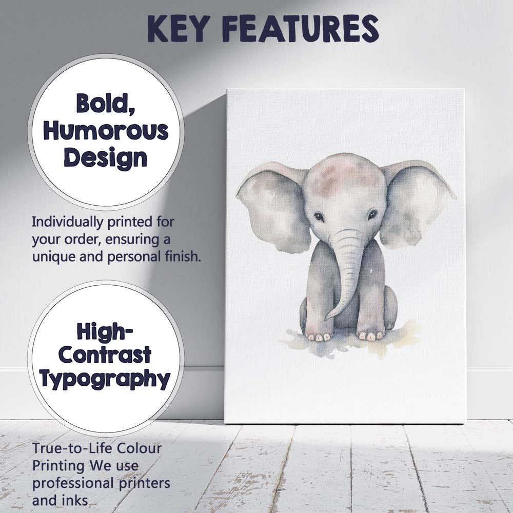 Cute Baby Elephant Watercolour Nursery Safari Animal Illustration Canvas Wall Art Print Decor Picture Ready to Hang