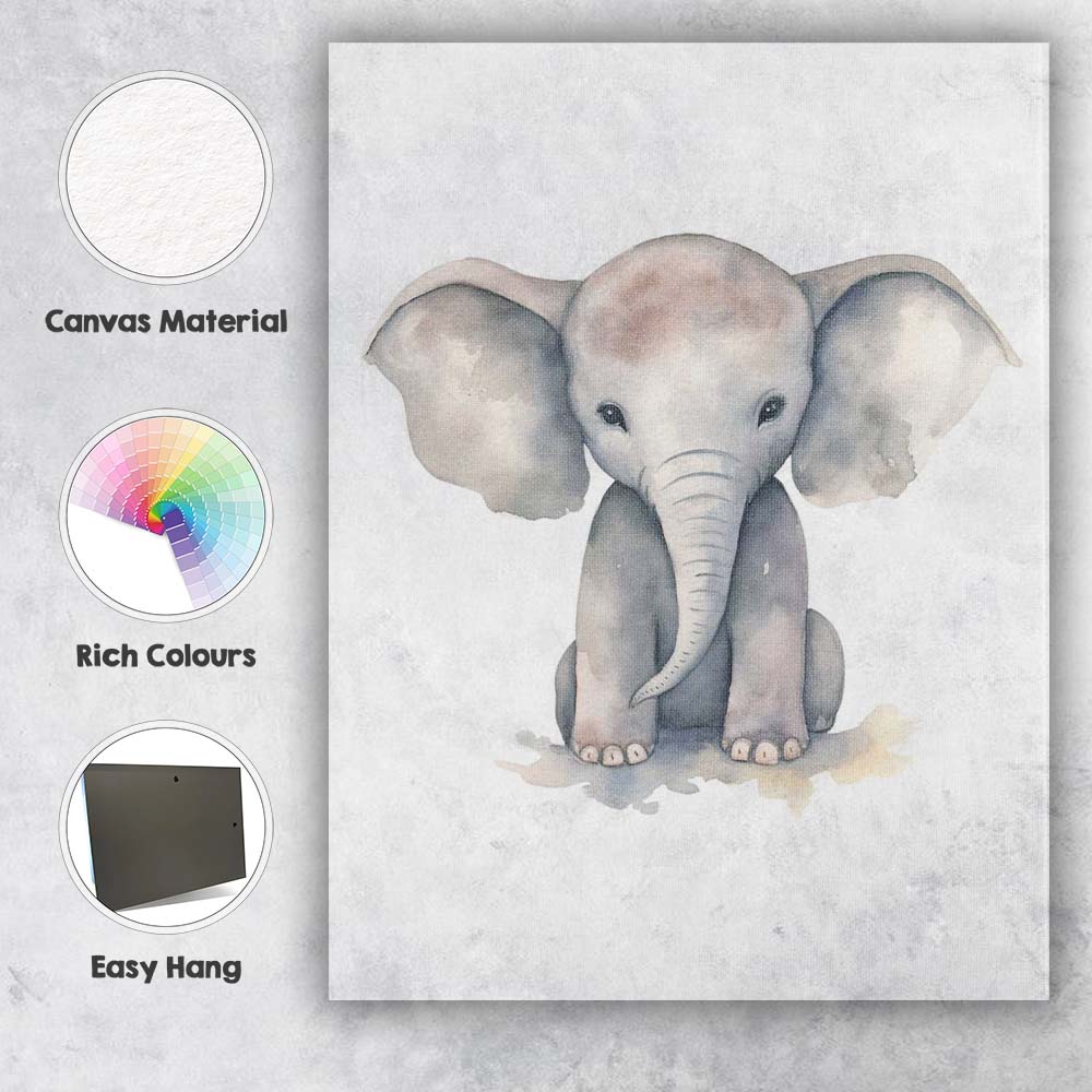 Cute Baby Elephant Watercolour Nursery Safari Animal Illustration Canvas Wall Art Print Decor Picture Ready to Hang