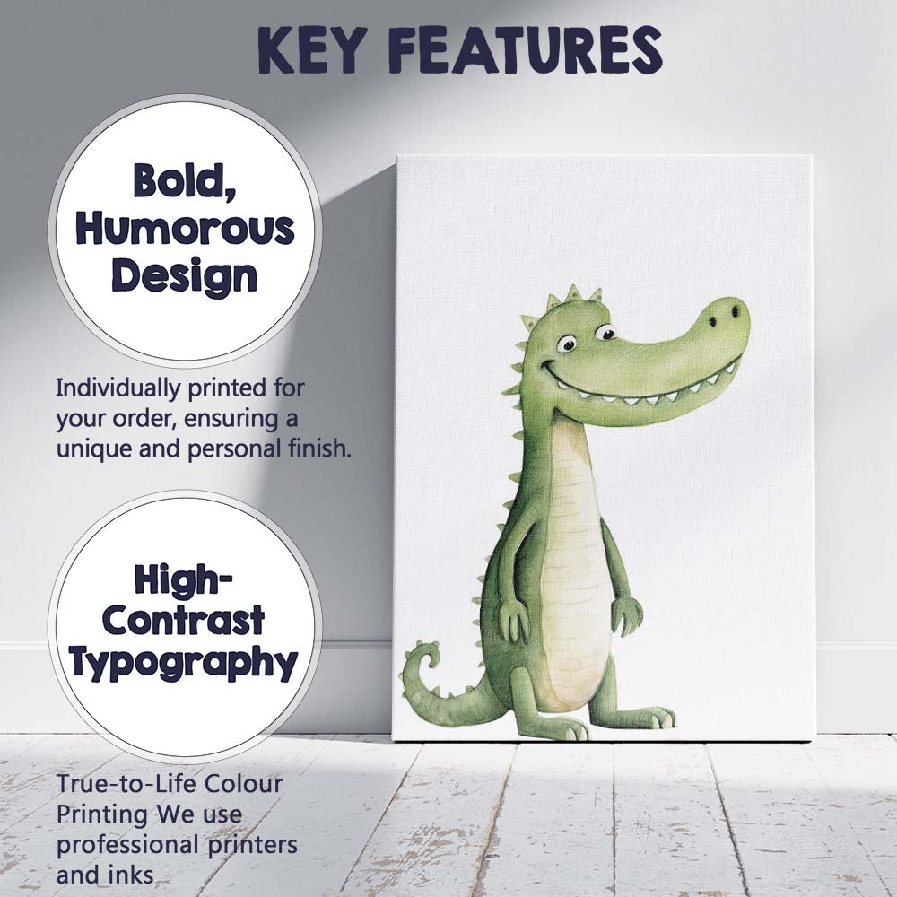 Cute Friendly Crocodile Watercolour Jungle Animal Illustration Canvas Wall Art Print Decor Picture Ready to Hang