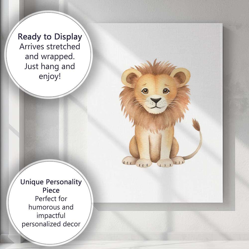 Gentle Young Lion Watercolour Safari Animal Illustration Canvas Wall Art Print Decor Picture Ready to Hang