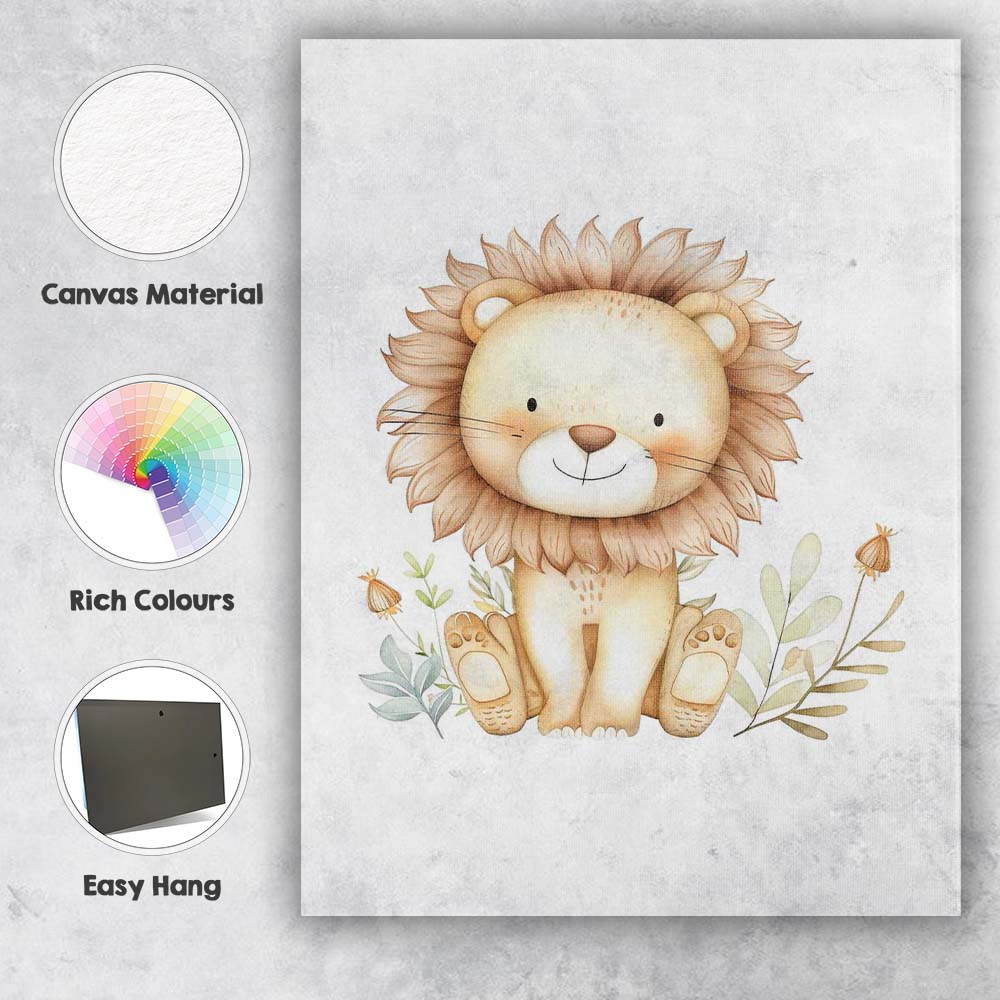 Cute Floral Lion Watercolour Nursery Animal Illustration Canvas Wall Art Print Decor Picture Ready to Hang