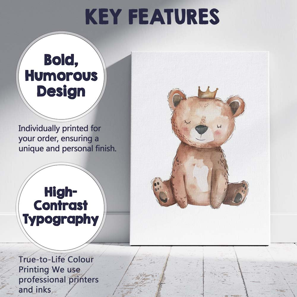 Cute Crowned Teddy Bear Watercolour Nursery Animal Illustration Canvas Wall Art Print Decor Picture Ready to Hang