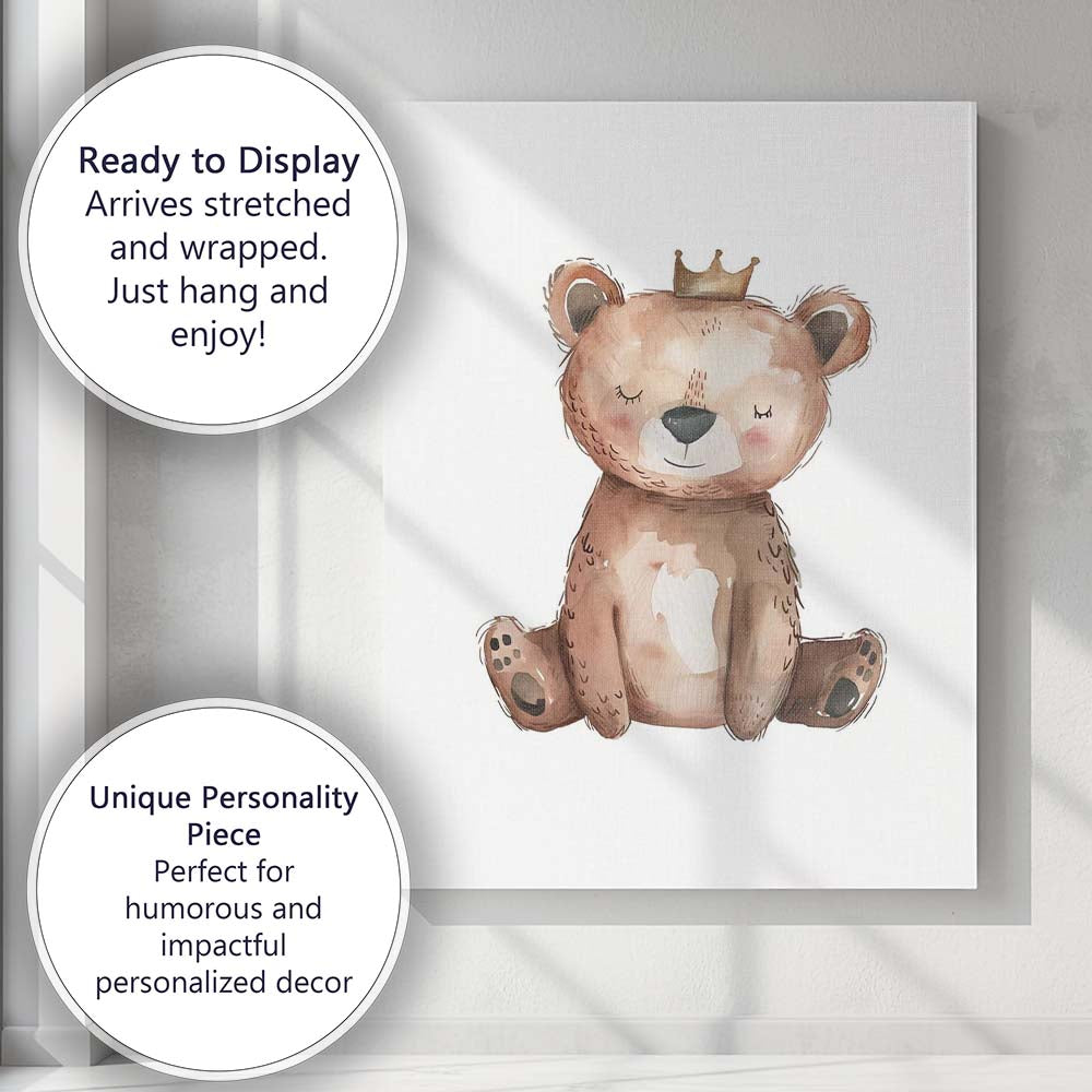 Cute Crowned Teddy Bear Watercolour Nursery Animal Illustration Canvas Wall Art Print Decor Picture Ready to Hang