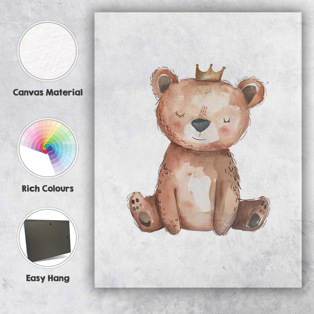 Cute Crowned Teddy Bear Watercolour Nursery Animal Illustration Canvas Wall Art Print Decor Picture Ready to Hang