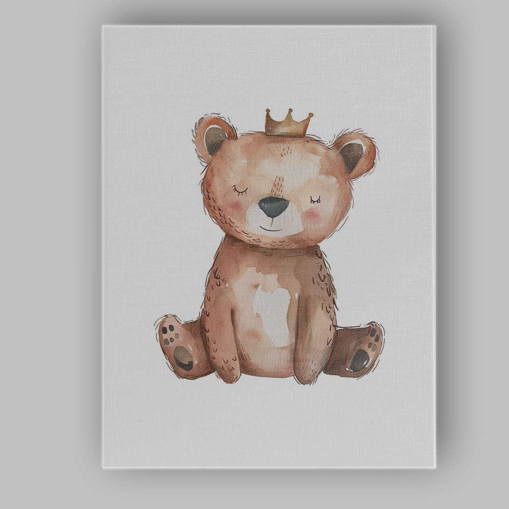 Cute Crowned Teddy Bear Watercolour Nursery Animal Illustration Canvas Wall Art Print Decor Picture Ready to Hang
