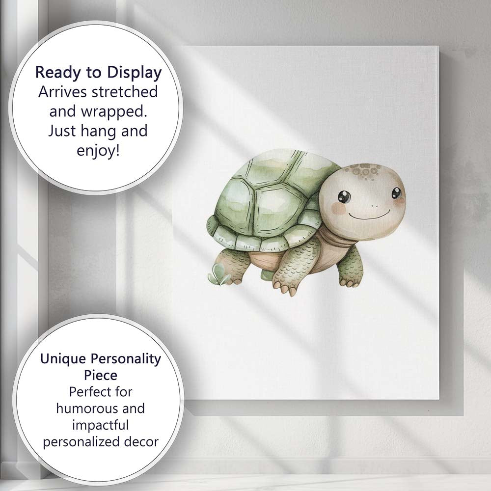 Cute Smiling Baby Tortoise Watercolour Woodland Animal Illustration Canvas Wall Art Print Decor Picture Ready to Hang