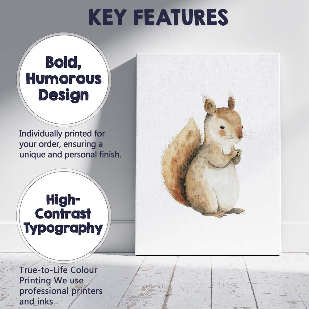 Cute Woodland Squirrel Watercolour Forest Animal Illustration Canvas Wall Art Print Decor Picture Ready to Hang