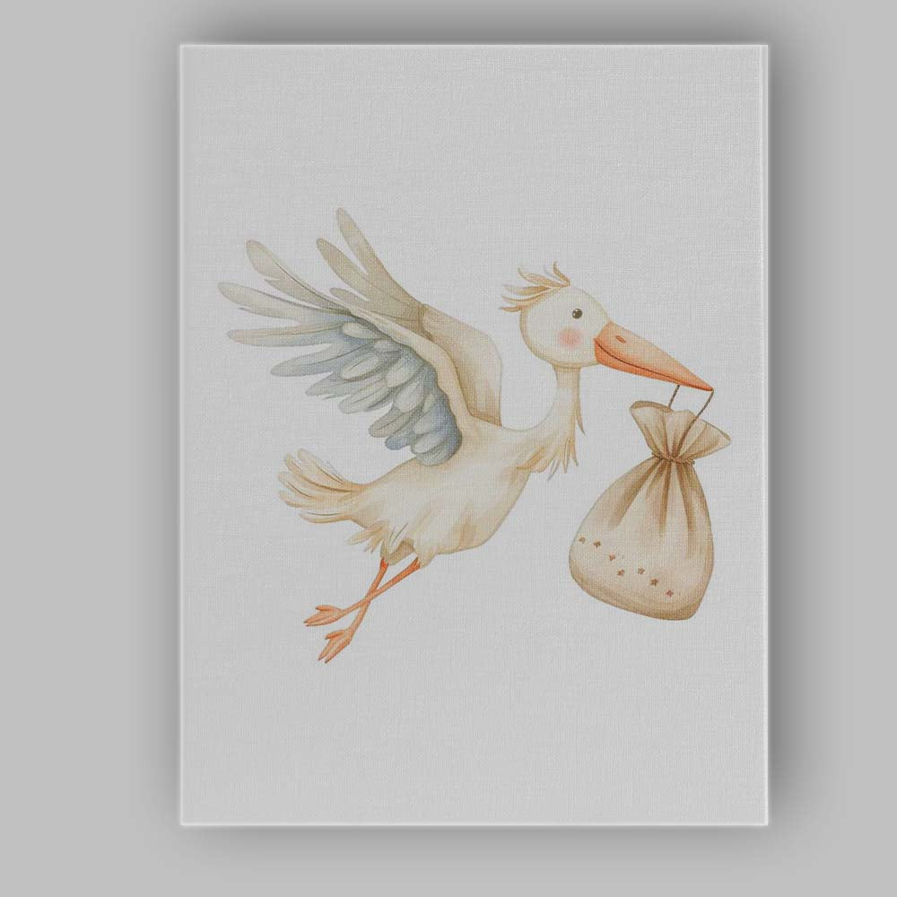 Cute Flying Stork Carrying Baby Bundle Watercolour Nursery Animal Canvas Wall Art Print Decor Picture Ready to Hang