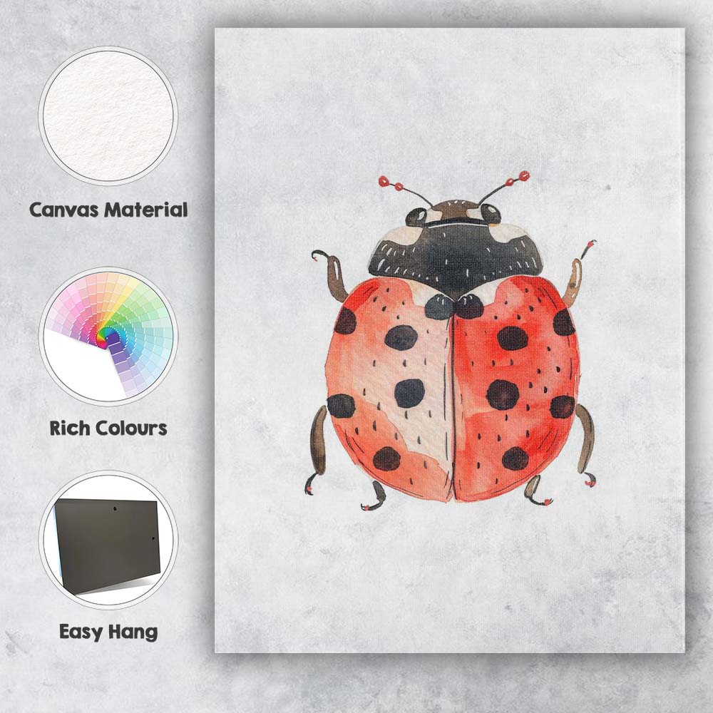 Cute Red Ladybird Watercolour Garden Insect Illustration Canvas Wall Art Print Decor Picture Ready to Hang