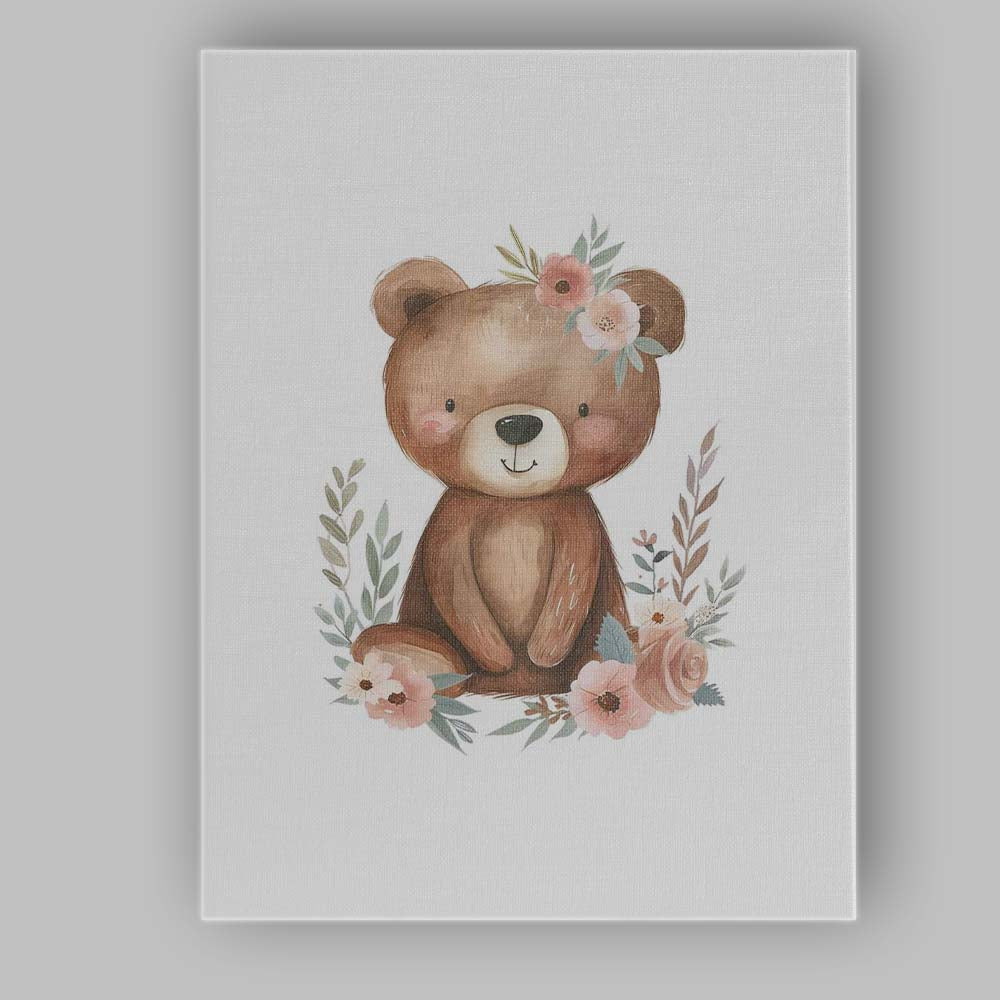 Cute Floral Woodland Bear Watercolour Nursery Animal Canvas Wall Art Print Decor Picture Ready to Hang