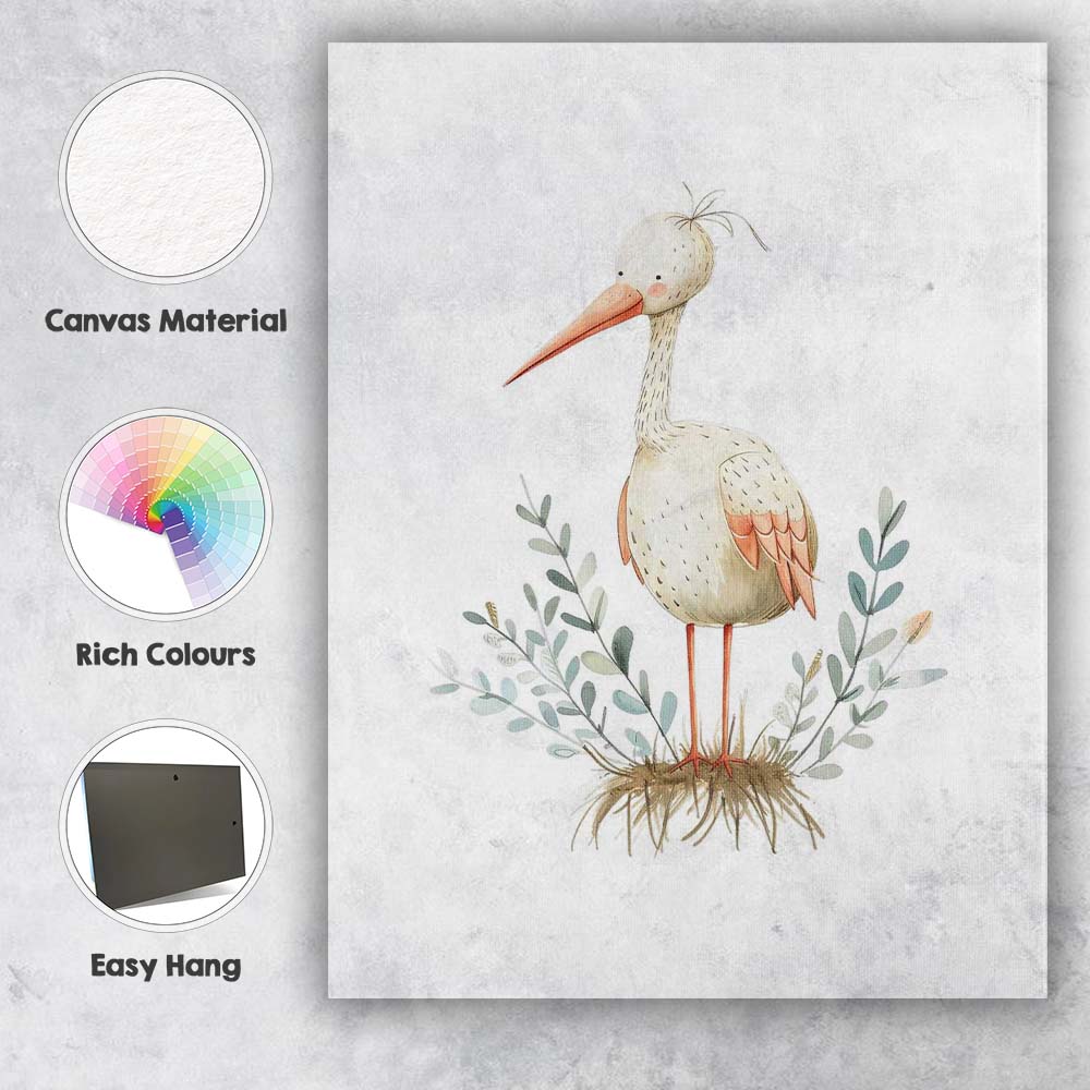 Cute Standing Stork Watercolour Woodland Bird Nursery Illustration Canvas Wall Art Print Decor Picture Ready to Hang