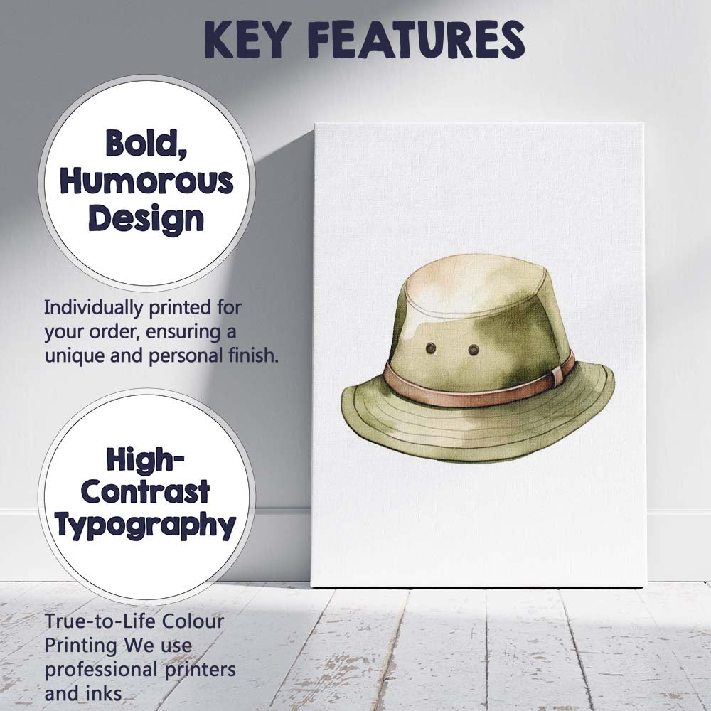 Safari Explorer Green Adventure Hat Watercolour Nursery Canvas Wall Art Print Decor Picture Ready to Hang