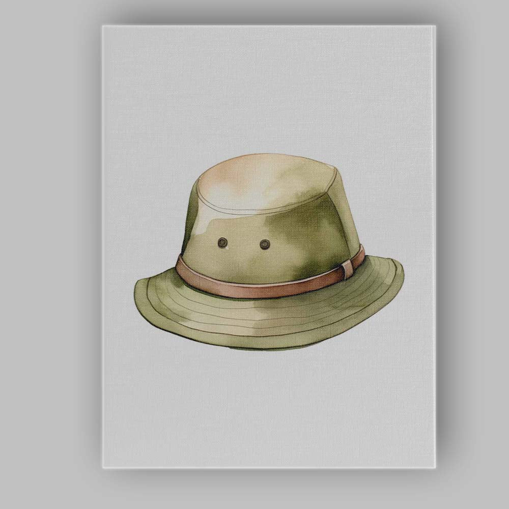 Safari Explorer Green Adventure Hat Watercolour Nursery Canvas Wall Art Print Decor Picture Ready to Hang