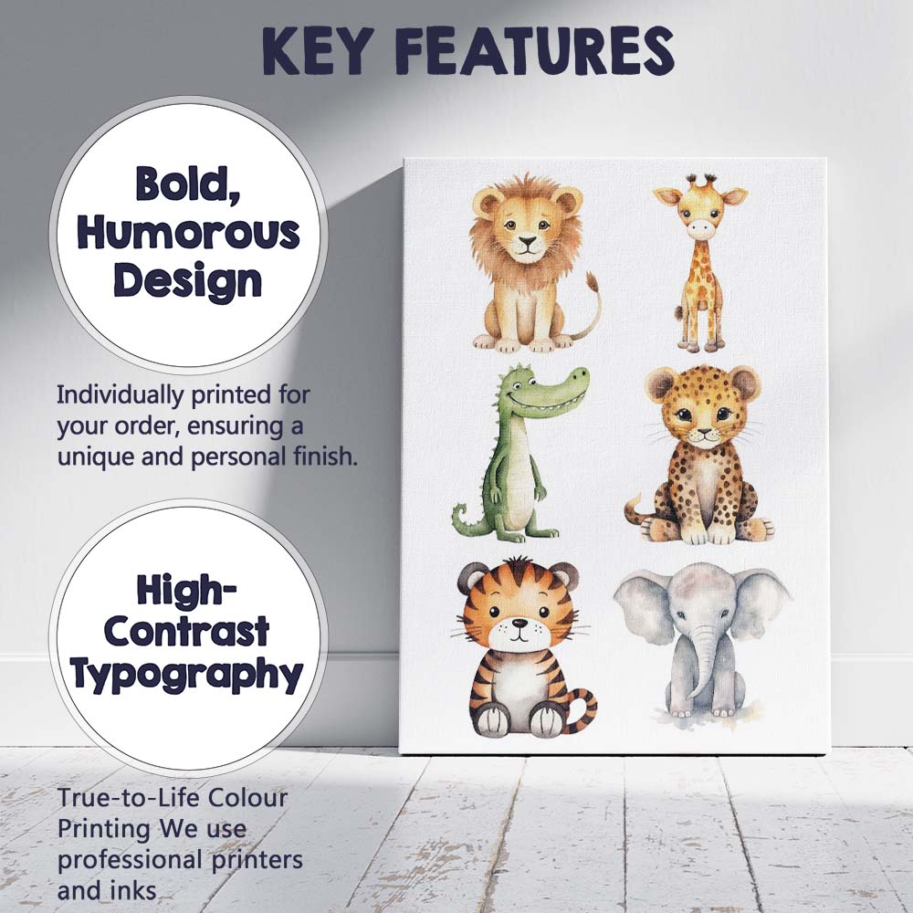 Cute Safari Animals Collection Watercolour Nursery Illustration Canvas Wall Art Print Decor Picture Ready to Hang
