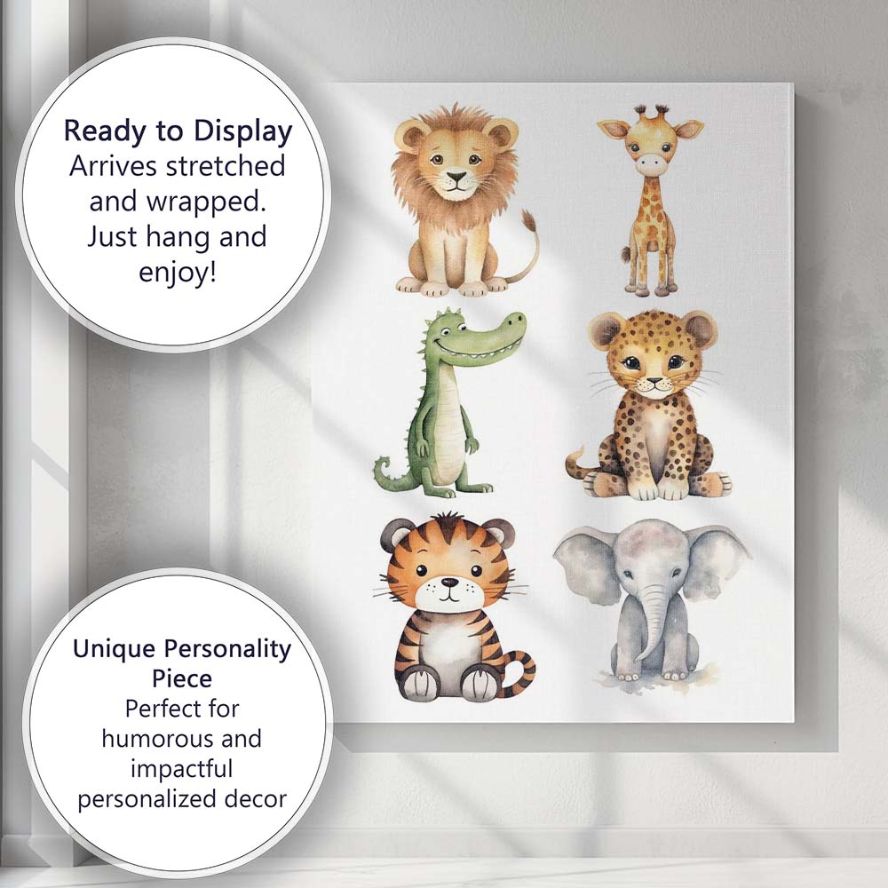 Cute Safari Animals Collection Watercolour Nursery Illustration Canvas Wall Art Print Decor Picture Ready to Hang