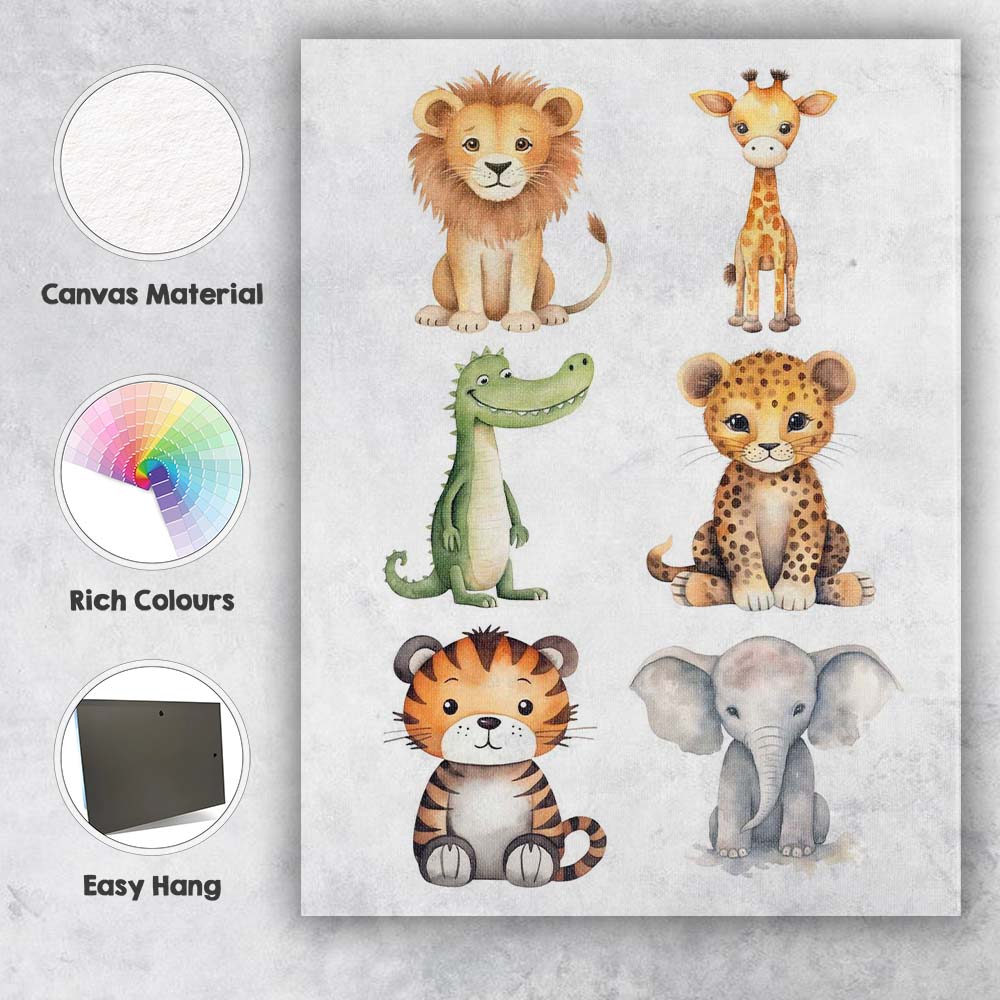 Cute Safari Animals Collection Watercolour Nursery Illustration Canvas Wall Art Print Decor Picture Ready to Hang