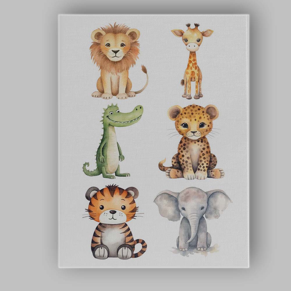 Cute Safari Animals Collection Watercolour Nursery Illustration Canvas Wall Art Print Decor Picture Ready to Hang