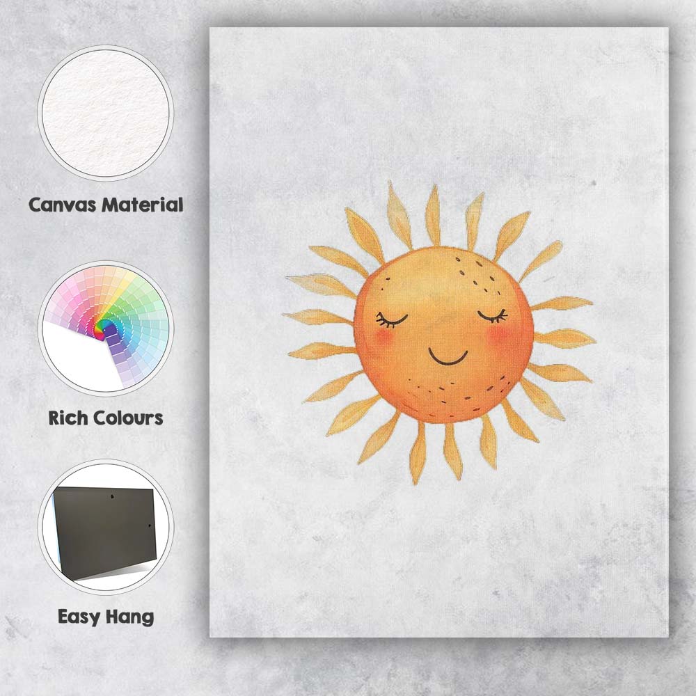 Sleeping Smiling Sun Watercolour Nursery Illustration Canvas Wall Art Print Decor Picture Ready to Hang