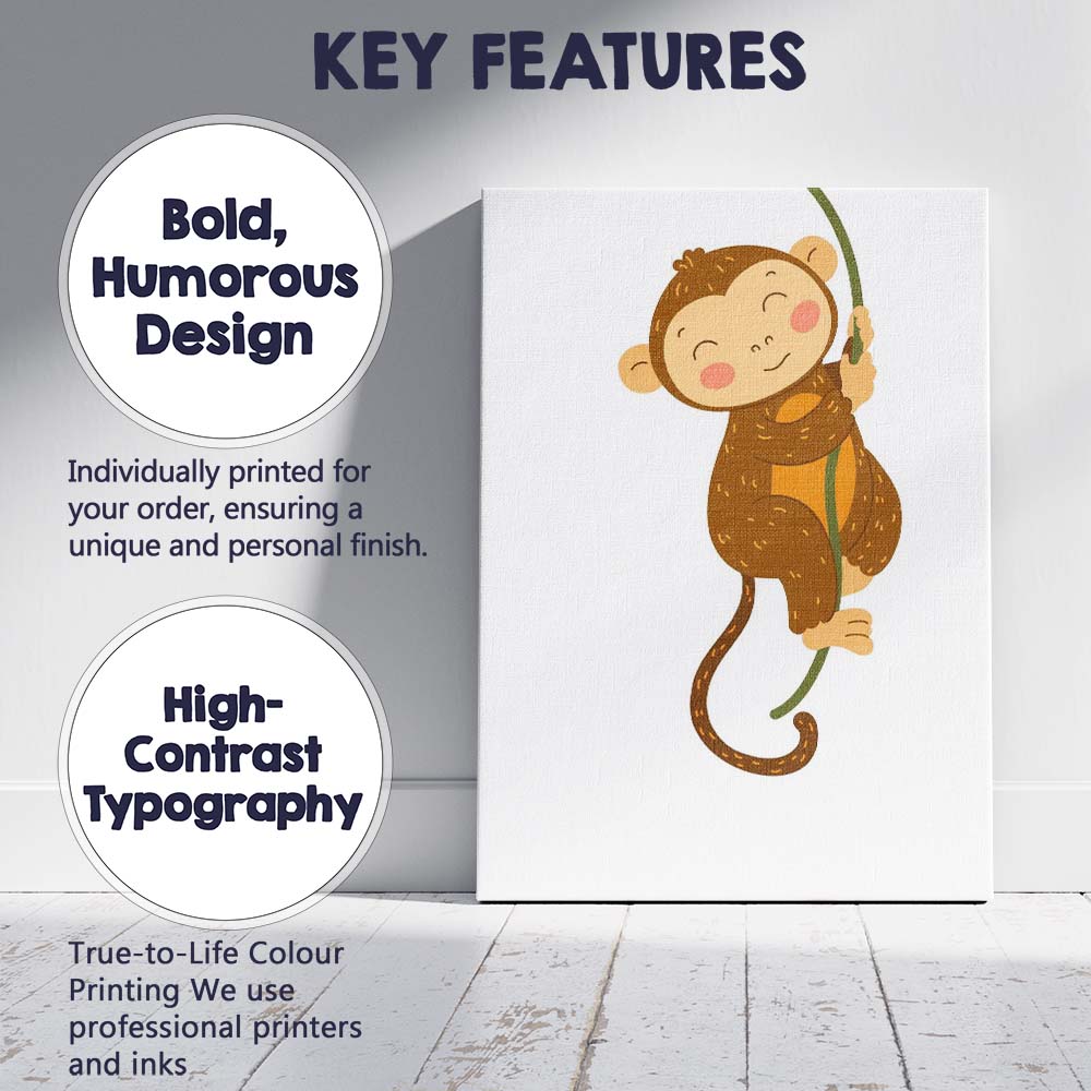 Cute Climbing Monkey Jungle Nursery Illustration Canvas Wall Art Print Decor Picture Ready to Hang