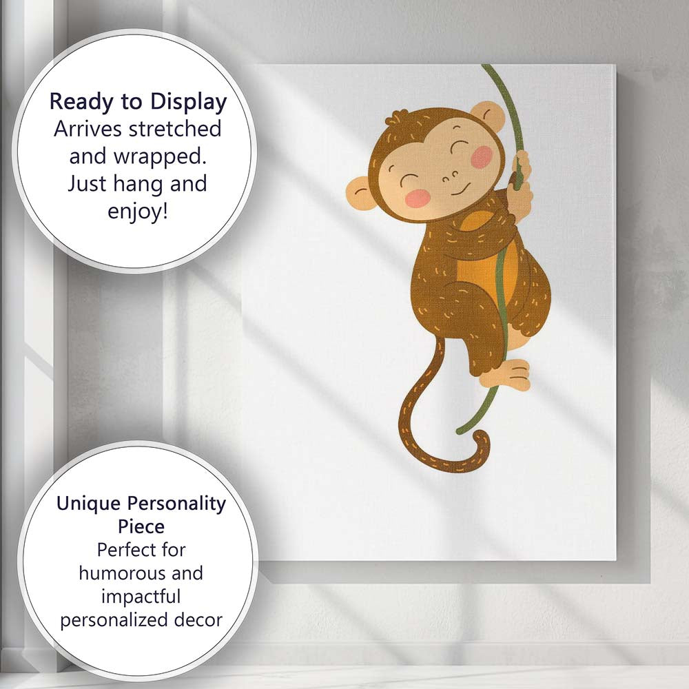 Cute Climbing Monkey Jungle Nursery Illustration Canvas Wall Art Print Decor Picture Ready to Hang