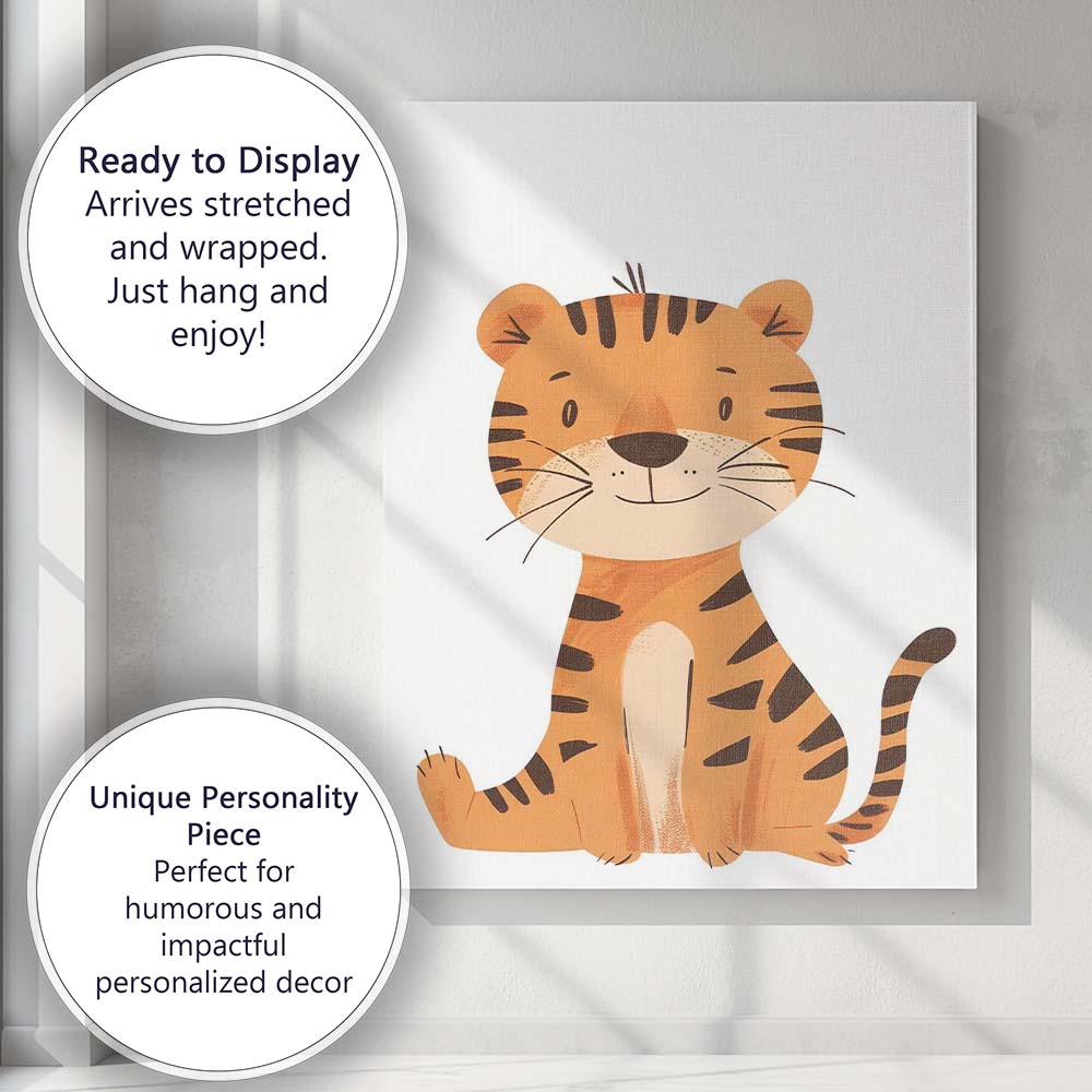 Cute Smiling Tiger Jungle Nursery Animal Illustration Canvas Wall Art Print Decor Picture Ready to Hang