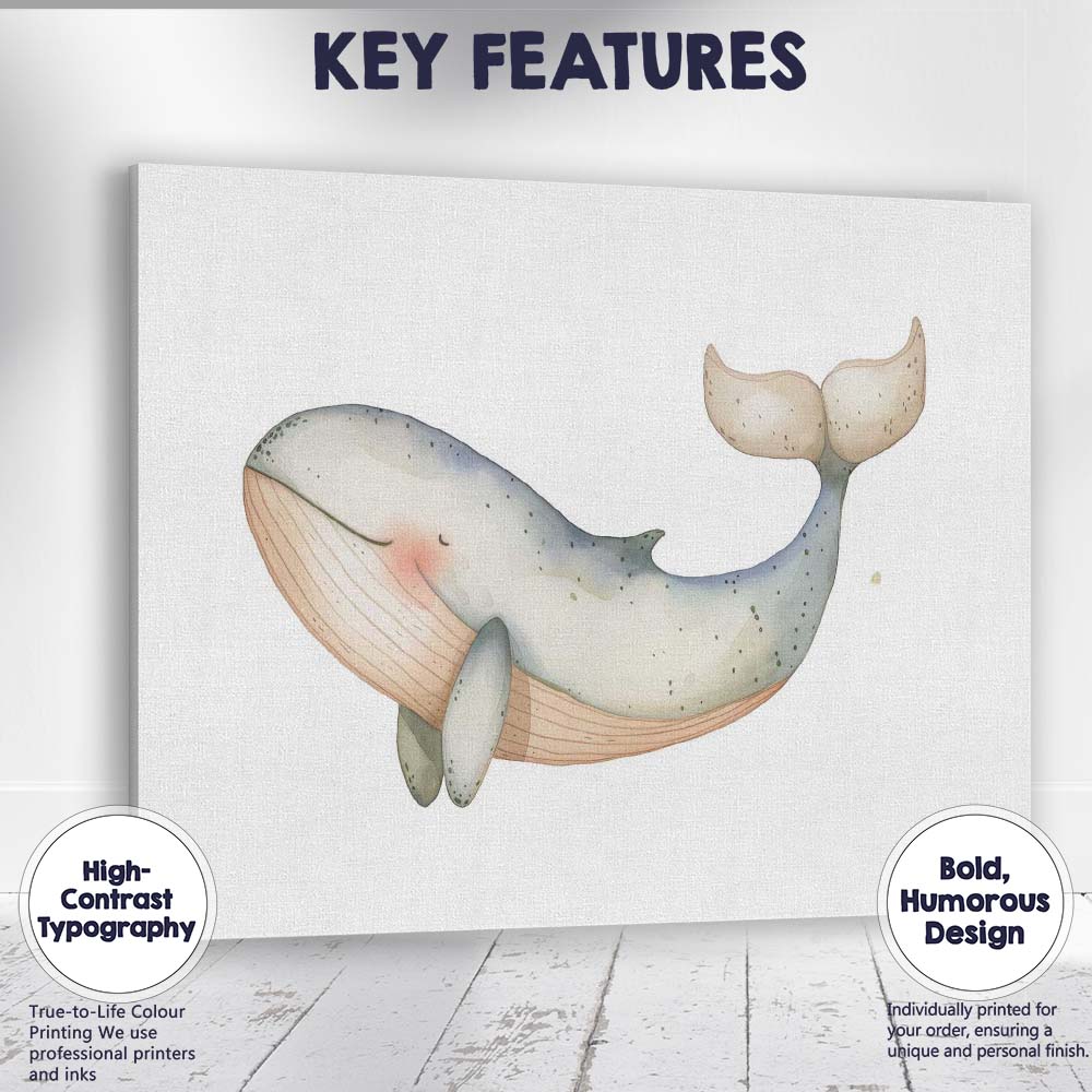 Cute Sleeping Blue Whale Watercolour Nursery Illustration Canvas Wall Art Print Decor Picture Ready to Hang