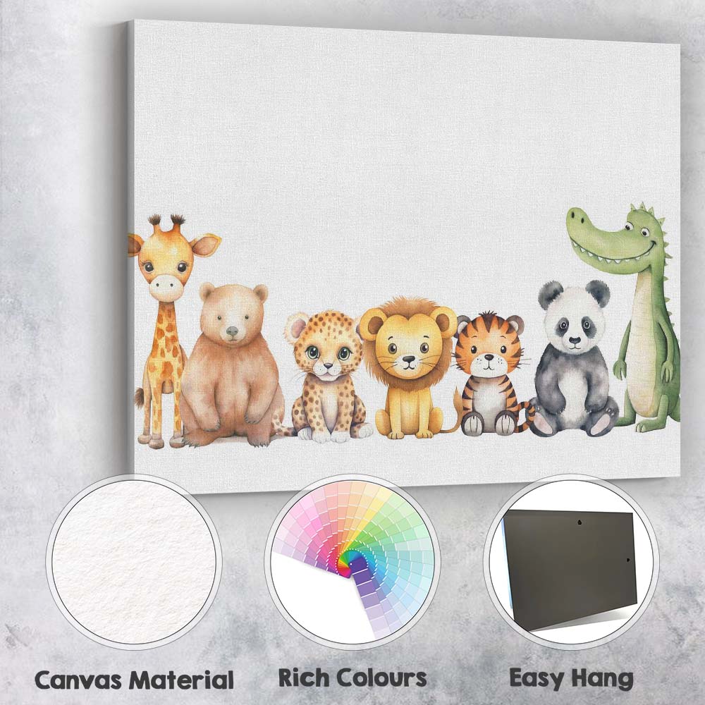 Cute Safari Jungle Animals Nursery Border Watercolour Illustration Canvas Wall Art Print Decor Picture Ready to Hang