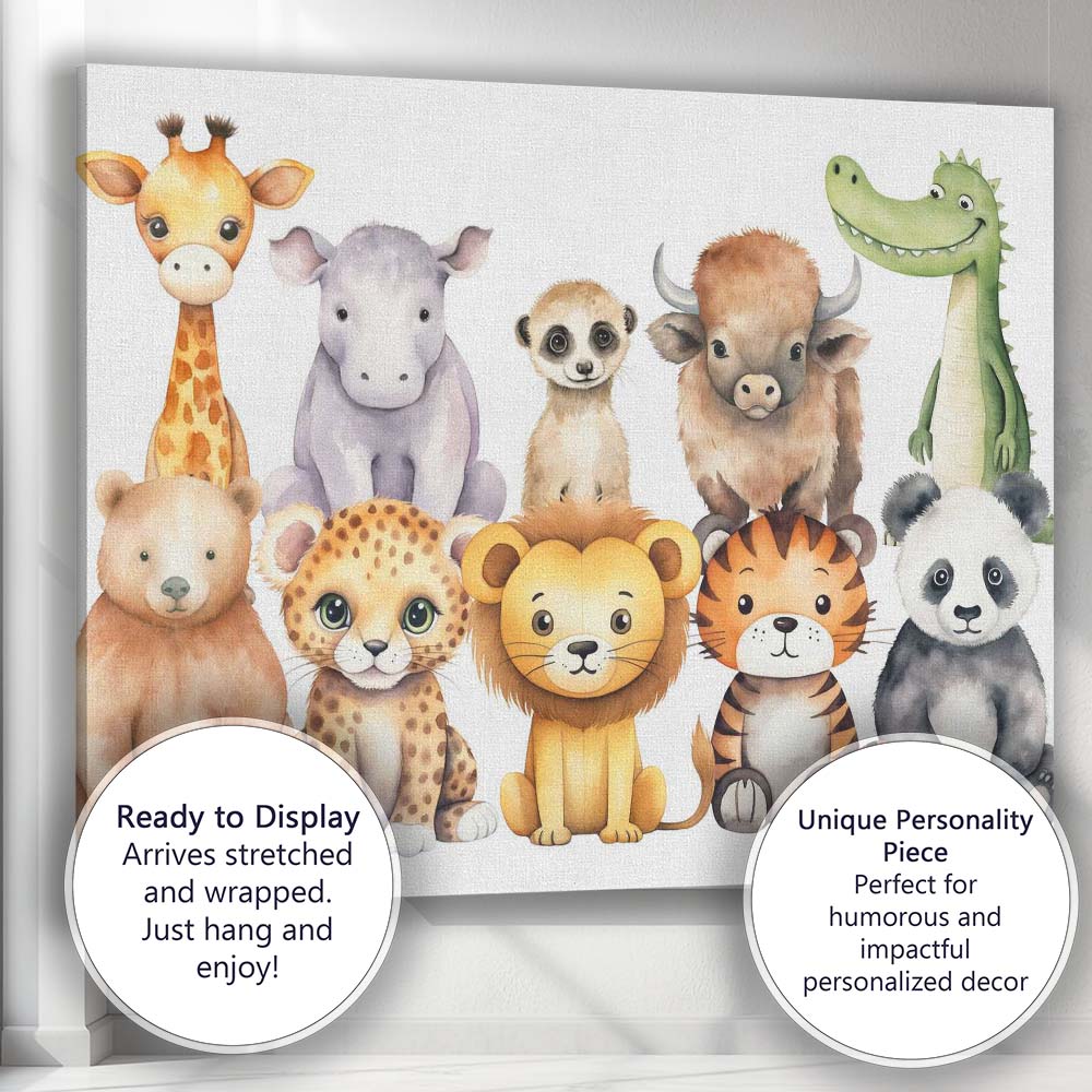 Cute Safari Baby Animals Collection Watercolour Nursery Illustration Canvas Wall Art Print Decor Picture Ready to Hang