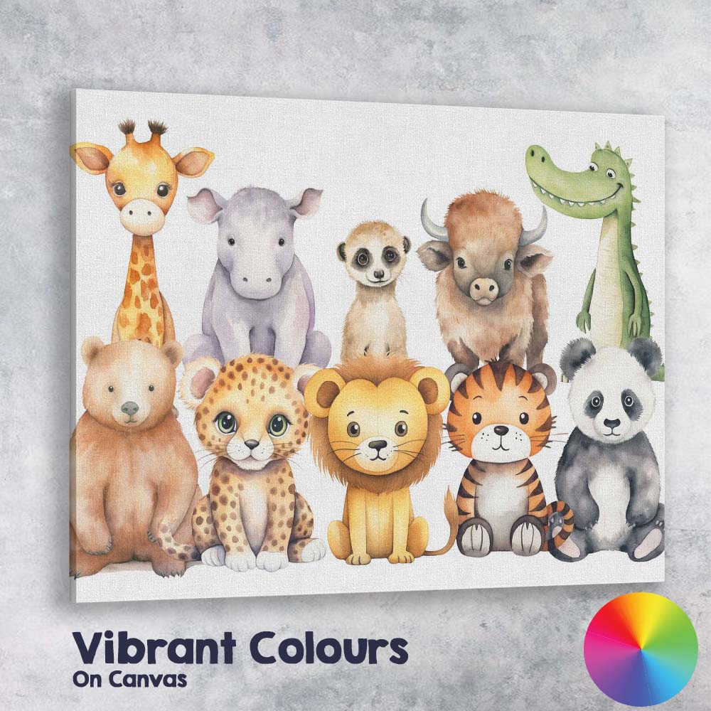 Cute Safari Baby Animals Collection Watercolour Nursery Illustration Canvas Wall Art Print Decor Picture Ready to Hang