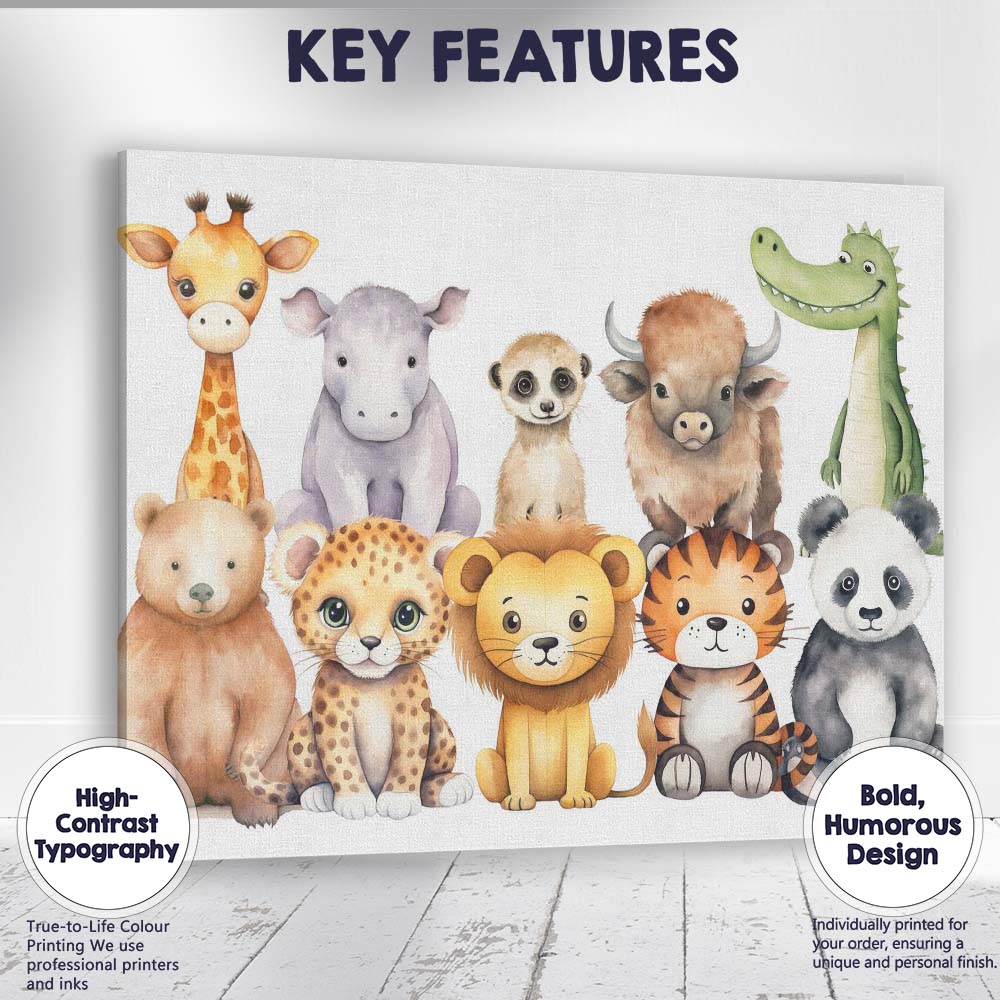 Cute Safari Baby Animals Collection Watercolour Nursery Illustration Canvas Wall Art Print Decor Picture Ready to Hang