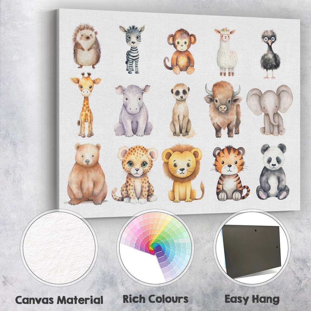 Cute Woodland And Safari Baby Animals Set Watercolour Illustration Canvas Wall Art Print Decor Picture Ready to Hang