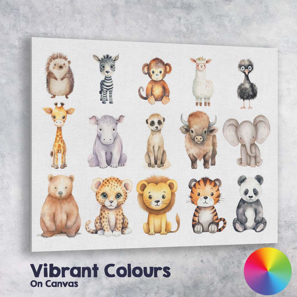 Cute Woodland And Safari Baby Animals Set Watercolour Illustration Canvas Wall Art Print Decor Picture Ready to Hang