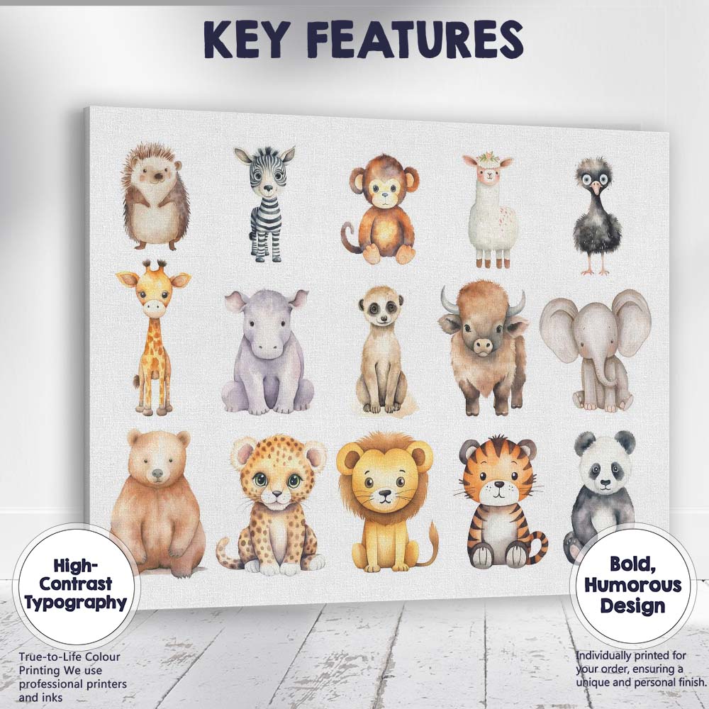 Cute Woodland And Safari Baby Animals Set Watercolour Illustration Canvas Wall Art Print Decor Picture Ready to Hang