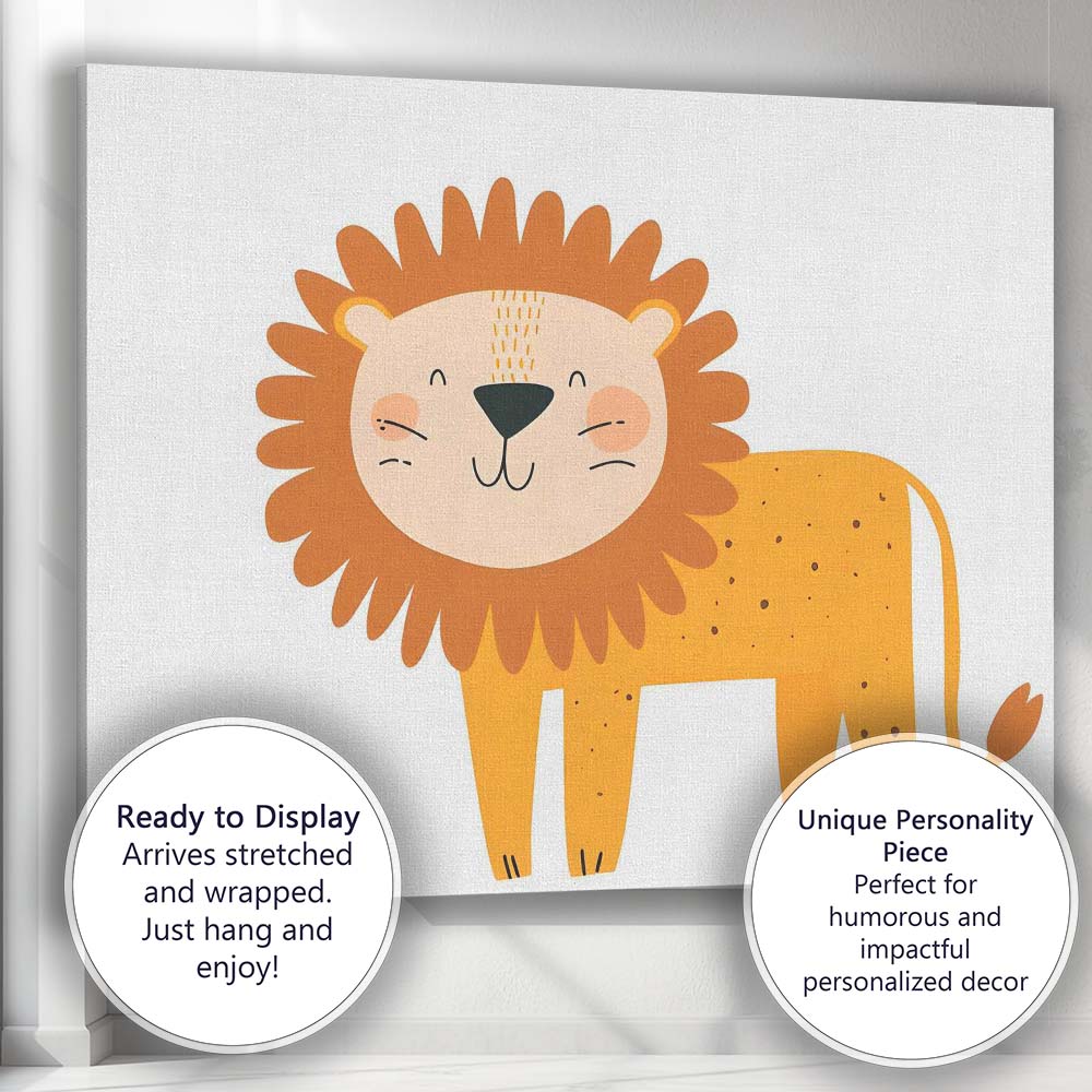 Cute Smiling Lion Nursery Animal Illustration Canvas Wall Art Print Decor Picture Ready to Hang