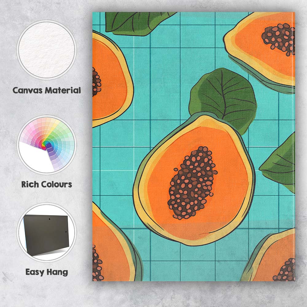 Cute Tropical Papaya Fruit Repeat Pattern Teal Grid Canvas Wall Art Print Decor Picture Ready to Hang