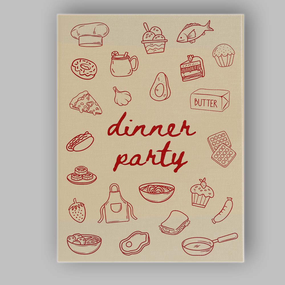 Retro Dinner Party Food Doodle Kitchen Illustration Canvas Wall Art Print Decor Picture Ready to Hang