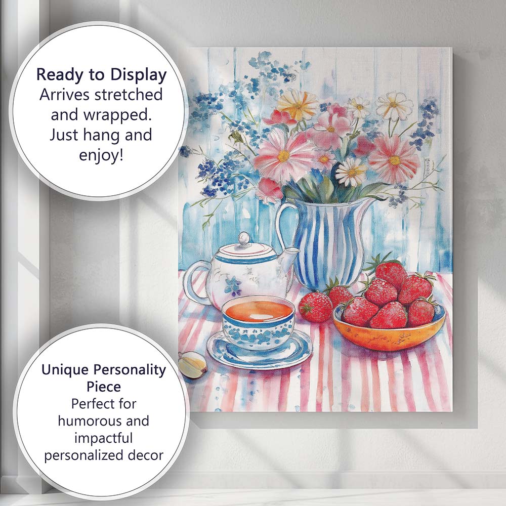 Watercolour Summer Flowers Tea and Strawberries Still Life Canvas Wall Art Print Decor Picture Ready to Hang