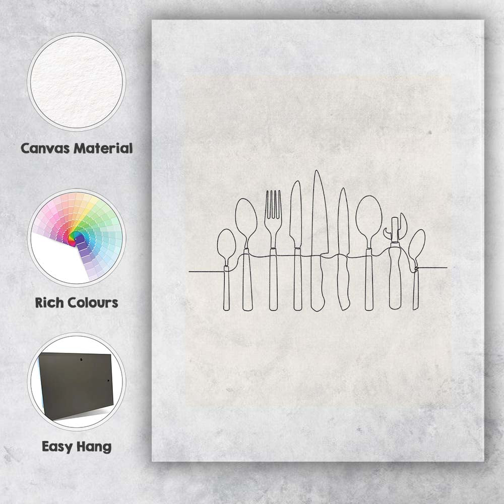 Minimalist Kitchen Cutlery One Line Drawing Canvas Wall Art Print Decor Picture Ready to Hang