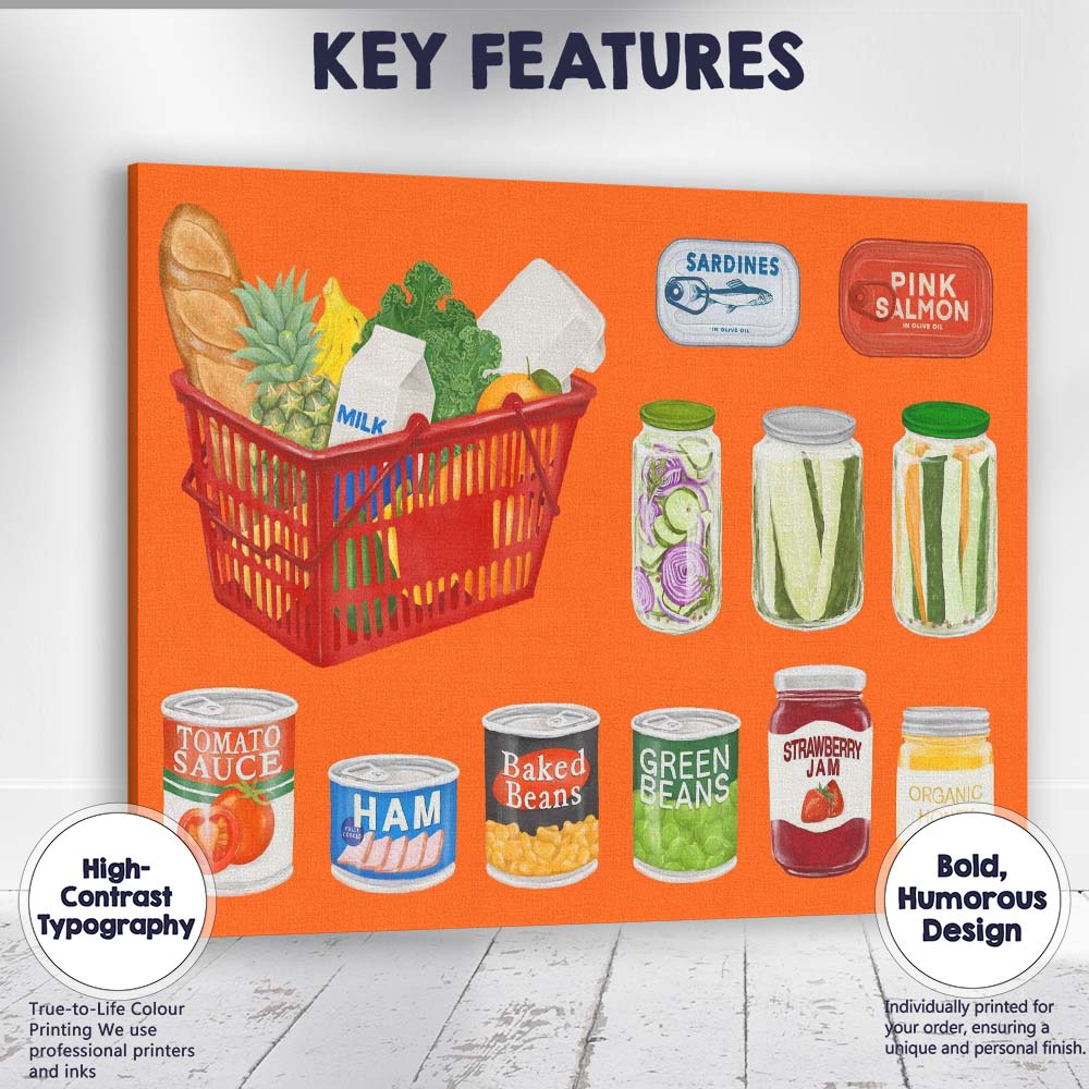 Retro Grocery Pantry Food Collection Illustration Canvas Wall Art Print Decor Picture Ready to Hang
