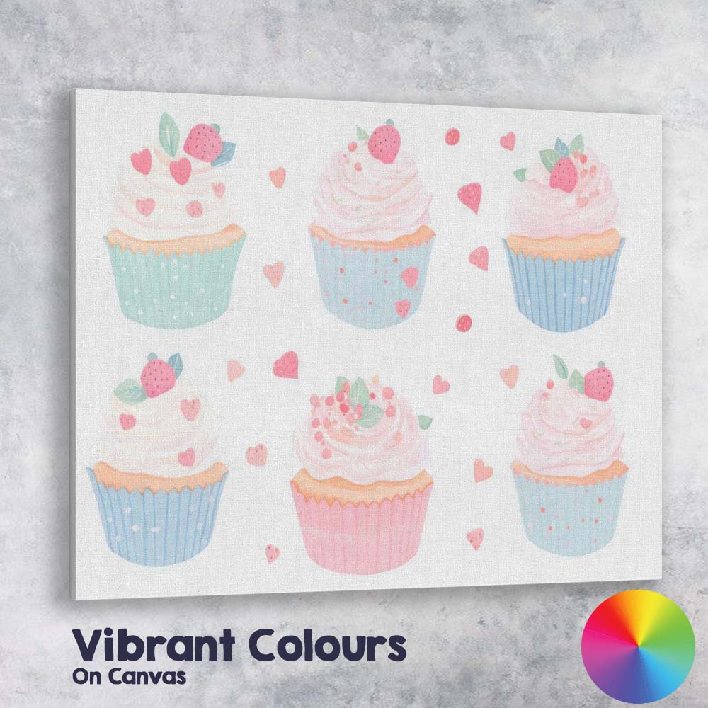 Pastel Strawberry Cupcake Collection Sweet Dessert Illustration Canvas Wall Art Print Decor Picture Ready to Hang