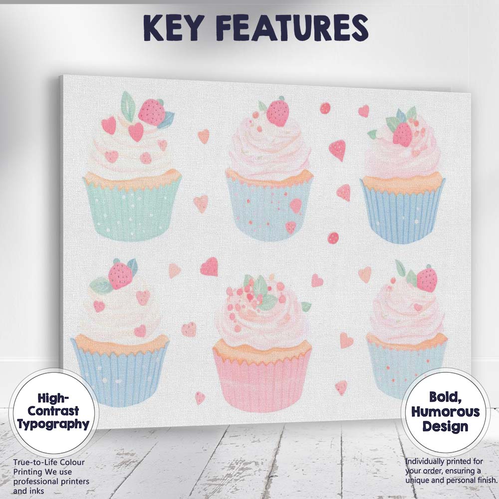 Pastel Strawberry Cupcake Collection Sweet Dessert Illustration Canvas Wall Art Print Decor Picture Ready to Hang