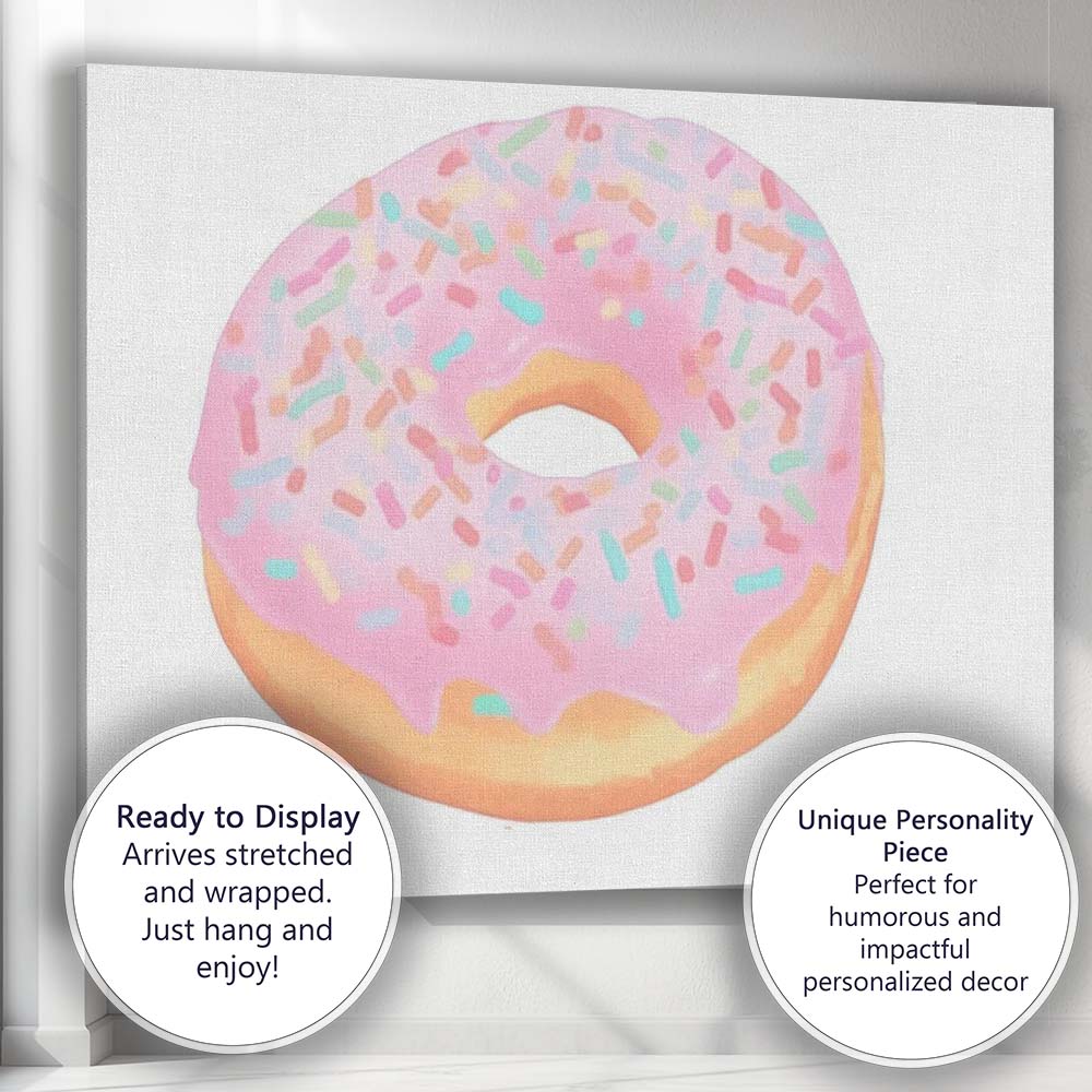 Pastel Pink Sprinkles Doughnut Sweet Bakery Illustration Canvas Wall Art Print Decor Picture Ready to Hang