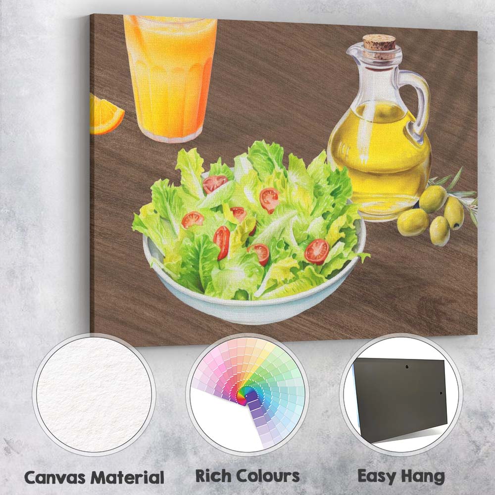 Fresh Garden Salad Olive Oil Watercolour Food Illustration Canvas Wall Art Print Decor Picture Ready to Hang