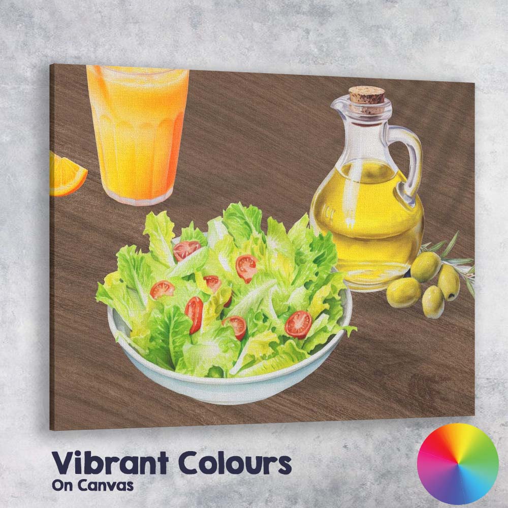 Fresh Garden Salad Olive Oil Watercolour Food Illustration Canvas Wall Art Print Decor Picture Ready to Hang