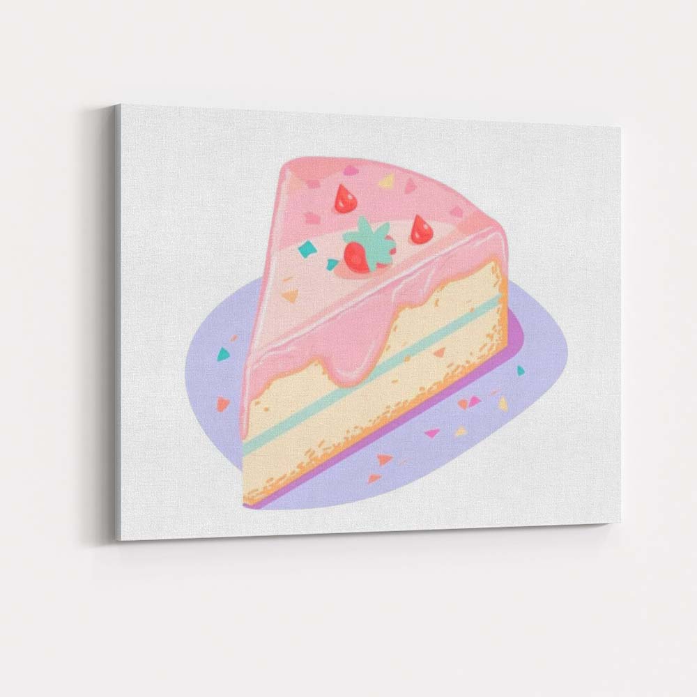 Pastel Pink Strawberry Cheesecake Slice Dessert Illustration Canvas Wall Art Print Decor Picture Ready to Hang