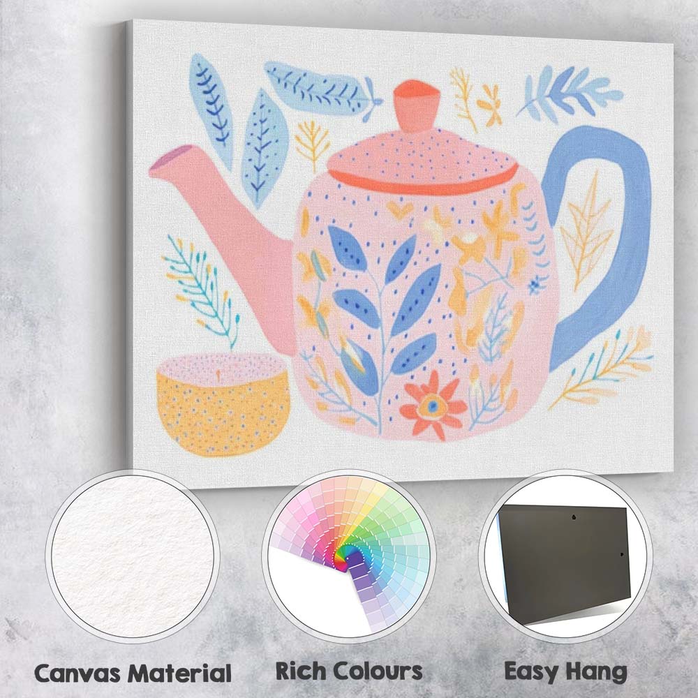 Scandinavian Floral Teapot and Tea Cup Watercolour Illustration Canvas Wall Art Print Decor Picture Ready to Hang