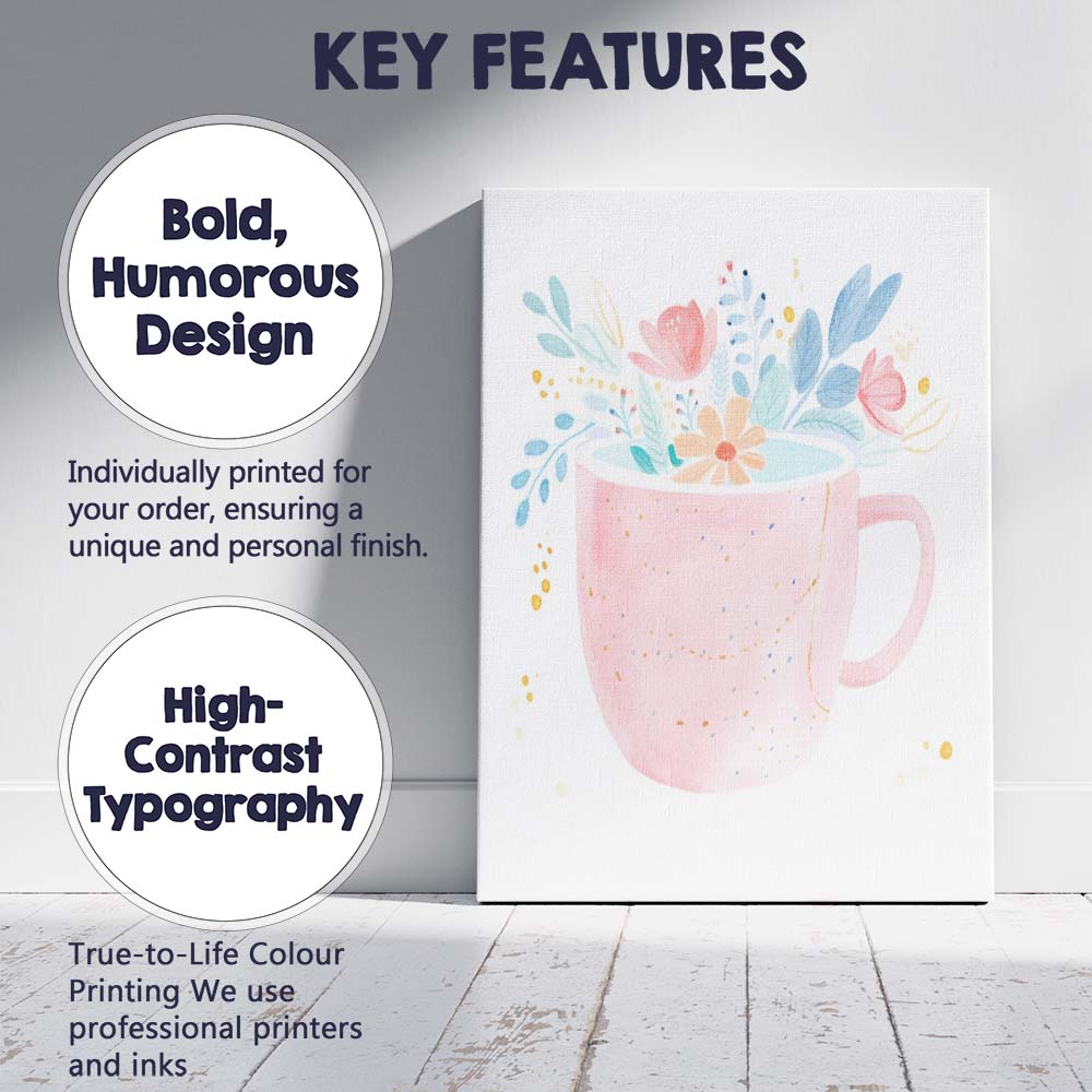 Pastel Pink Floral Tea Mug Watercolour Illustration Canvas Wall Art Print Decor Picture Ready to Hang
